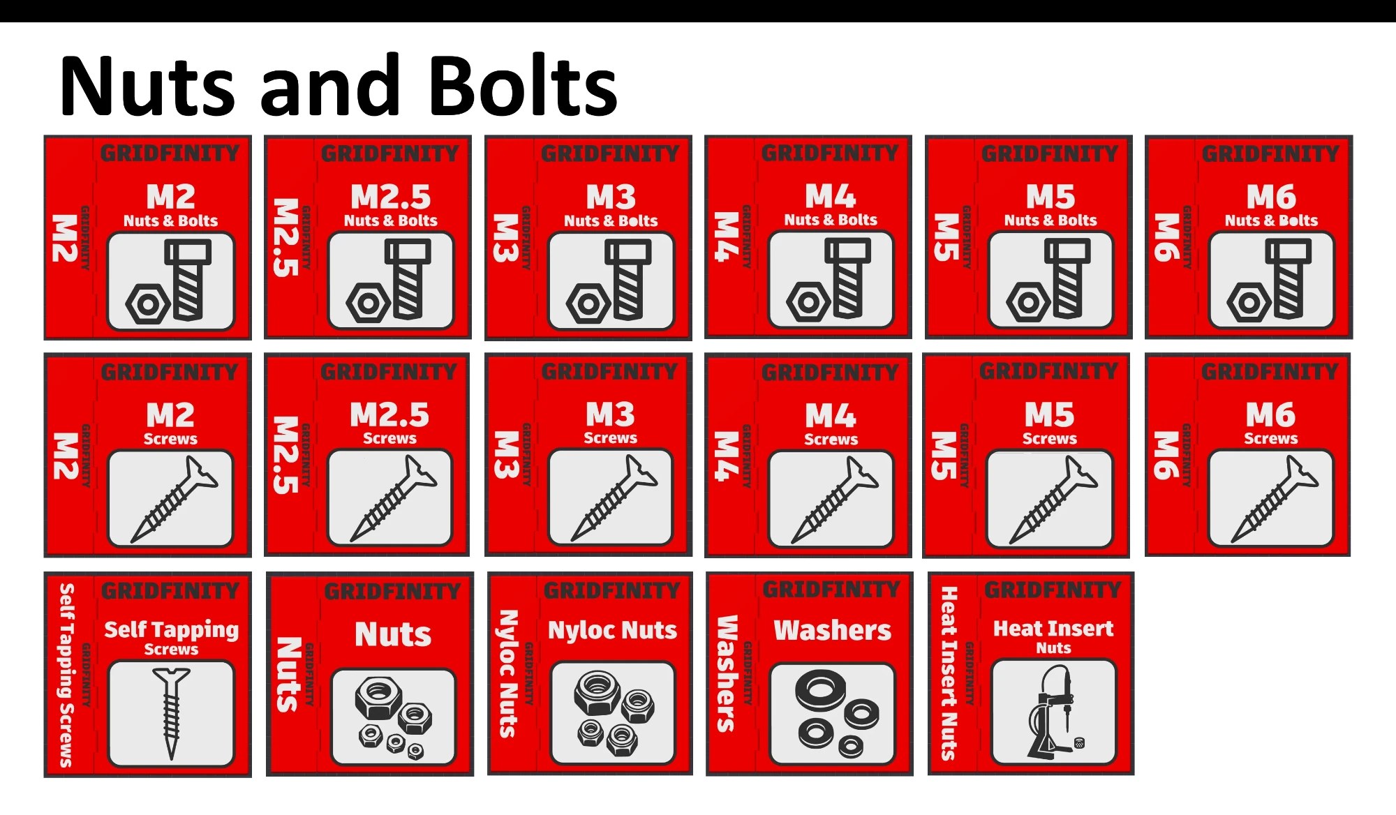 A printed sheet of red Gridfinity bin labels under the heading 'Nuts and Bolts', with tiles for M2 to M6 nuts and bolts, screws, self-tapping screws, nuts, nyloc nuts, washers and heat-insert nuts.